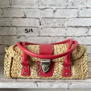 Ann Taylor Straw Purse Pink Leather Lock Y2K Baguette Raffia Wicker Basket Bag